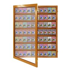 a wooden framed display case with stamps on the front and side panels in different colors