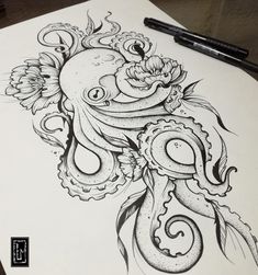 a drawing of an octopus with flowers on it