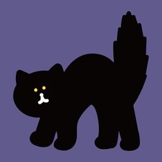 a black cat with yellow eyes on a purple background