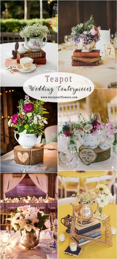 teapot wedding centerpieces with flowers, books and candles in them are perfect for an outdoor reception