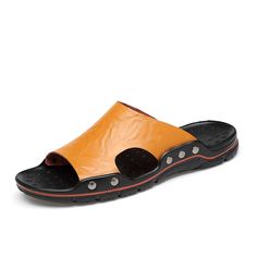 Category:Slippers  Flip-Flops; Upper Materials:Leather; Embellishment:Rivet; Season:Summer; Gender:Men's; Activity:Walking; Toe Shape:Round Toe; Style:Casual; Outsole Materials:Rubber; Occasion:Daily,Beach; Closure Type:Loafer; Function:Breathable; Pattern:Solid Colored; Shipping Weight:0.560; Listing Date:05/24/2019; 2024 Trends:Leather Shoes,Leather Sandals,Slides; Foot Length:; Size chart date source:Provided by Supplier.; Special selected products:COD Non-slip Slip-on Mules For The Beach, Leather Slide Slippers For Beach, Black Leather Flip Flops For Beach Season, Slip-on Slides For Outdoor Summer Use, Summer Slip-on Outdoor Slides, Non-slip Slip-on Summer Mules, Casual Leather Slides For Beach Season, Summer Slip-on Slides With Round Toe, Brown Synthetic Slippers For Summer