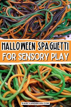 halloween spaghettitti for sensory play with text overlay that reads, halloween spaghettitti for sensory play