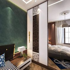 a bedroom with green walls and wooden flooring