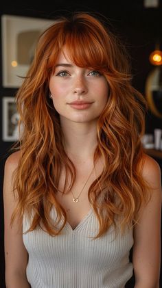 28 Short Shag With Bangs Hairstyles For Every Face Shape Bardot Shag Haircut, Natural Red Hair Medium Length, Med Shag With Bangs, Fall Haircut With Bangs, Long Hair With Bangs Redhead, Cute Haircuts For Redheads, Hair For Your Face Shape, Shag Haircut With Money Piece, Shag Hairstyle With Curtain Bangs