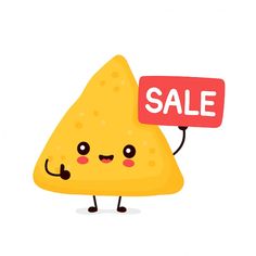 a cute yellow slice of pizza holding a sale sign