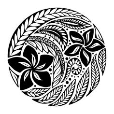 a black and white circular design with leaves