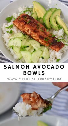 salmon and avocado bowls with rice, cucumber and parsley