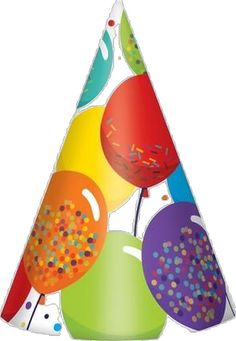 a party hat with balloons and confetti on it