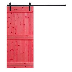 an open red wooden door with black metal bars on the top and bottom, against a white background