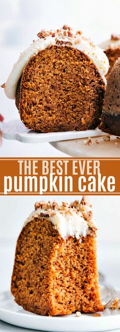 the best ever pumpkin cake with cream cheese frosting on top is cut into slices