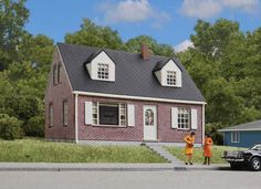 two people standing in front of a house with a car parked on the side of the road