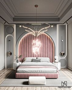 a bedroom with a large bed in the middle and a pink headboard on the wall