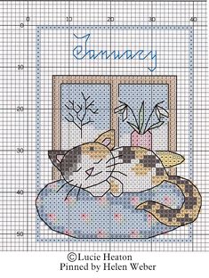 a cross stitch pattern with a cat sleeping in front of a window and the words january written on it