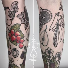 the legs are covered with tattoos and fruit on them, as if they were from an old book