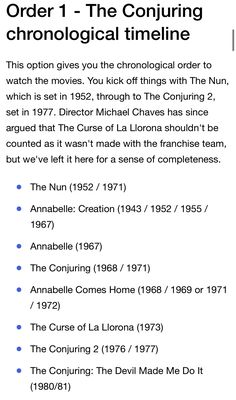 the text is written in black and white, with blue lettering on it that reads order 1 - the conjuring chronical timeline