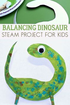 a paper plate with a dinosaur on it and the words balancing dinosaur steam project for kids