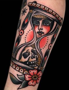 a tattoo with an hourglass and skull on the arm that has flowers in it