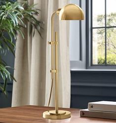 a desk lamp sitting on top of a wooden table next to a book and plant