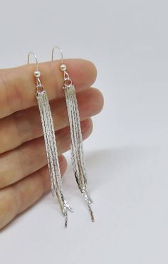 Silver Tassel Earrings | Long Fringe Earrings Handmade Jewelry by MarciaHDesigns Silver Earrings Long, Silver Tassel Earrings, Earrings Snake, Candles Making, Diy Jewelry Earrings, Long Silver Earrings, Long Chain Earrings, Jewelry Organizer Diy, Long Tassel Earrings