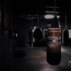 a black and white photo of a boxing bag hanging from the ceiling in a dark room