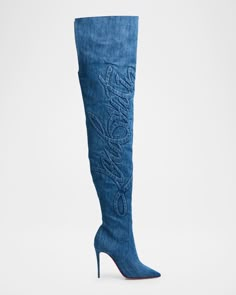 Christian Louboutin Kate Denim Embroidered Red Sole Over-The-Knee Boots Overtheknee Boots, Louboutin Boots, Boots Denim, Tall Rain Boots, Louboutin Kate, Red Bottom Shoes, Feminine Shoes, Christian Louboutin Kate, Mini Boots