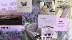 the collage is filled with different types of purple and lavenders, including an image of a woman's face