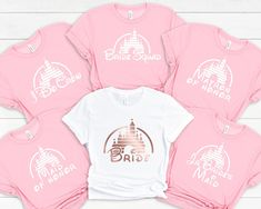 six pink shirts with the word bride squad on them