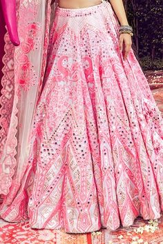 Neon pink two layer can can attached bridal lehenga featuring thread embroidered peacock and gota geometric patterns, embellished by mirrorwork and lace. Comes with padded mirrorwork blouse and dupatta. - Aza Fashions Wedding Dresses With Motifs, Lace Lehenga, Mayyur Girotra, Embroidered Peacock, Lehenga And Blouse, Pink Lehenga, Bridal Lehengas, Bridal Set, Bridal Lehenga