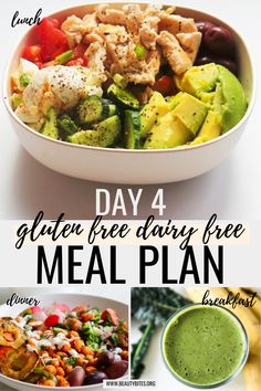 a collage of photos with the words gluten free dairy free meal plan