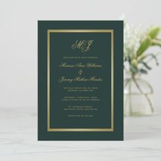 Elegant Emerald Green Gold Script Monogram Wedding Invitation Monogram Wedding Invitations, Rehearsal Dinner Invitation, Wedding Anniversary Invitations, Script Monogram, Dinner Invitation, Anniversary Invitations, Wedding Suite, Rehearsal Dinner Invitations, Gold Monogram