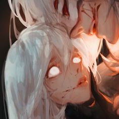 two people with white hair and red eyes, one is kissing the other's head