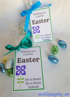 two easter candy bags with blue and green candies