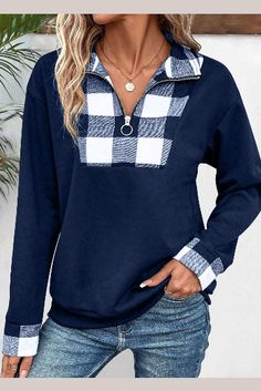 ROTITA Patchwork Plaid Navy Turn Down Collar Long Sleeve Sweatshirt Collar Sweatshirt, Trendy Tops For Women, Zip Collar, Collared Sweatshirt, Korean Casual, Collar Sweater, Trendy Tops, Long Sleeve Sweatshirts, Black Long Sleeve