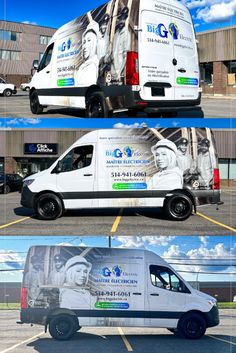 three different vans parked side by side in a parking lot with the same advertisement on them