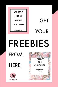 a pink and black poster with the words get your freebies from here on it