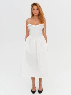 Bethany Midi Dress — White | For Love & Lemons White Midi Dress With Ruched Bodice, White Midi Dress With Fitted Bodice For Summer, White Midi Dress With Ruched Bodice For Daywear, White Sleeveless Midi Dress With Smocked Back, White Ruched Midi Dress With Fitted Bodice, White Cotton Dress With Gathered Neckline, White Midi Dress With Ruched Bodice For Summer, Ruffled Midi Dress With Fitted Bodice For Daywear, Daywear Midi Dress With Ruffled Fitted Bodice