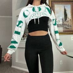 Nwot. This Hoodie Has Wisconsin In Green Letters Spelled Across The Arms And Chest. It Has Never Been Worn. White Varsity Hooded Top, Trendy White Stretch Hoodie, Varsity Long Sleeve Top With Drawstring Hood, Sporty Fitted Hoodie With Letter Print, Fitted Sporty Hoodie With Letter Print, Shrug Sweater, Cropped Hoodie, Wisconsin, Sweaters For Women