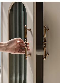 a person's hand holding onto the handle of a door with an arched design