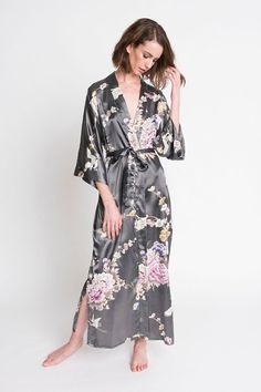 Long Kimono Cardigan, Lounge Robes, Satin Kimono, Peacock Color, Kimono Wrap, Long Kimono, French Seam, Kimono Cardigan, Chrysanthemum