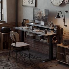 a desk with a chair, clock and other items on it in front of a window