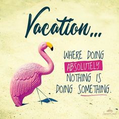 a pink flamingo standing in the sand with a caption that reads vacation where doing absolutely nothing is doing something