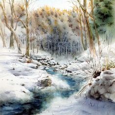 a painting of a stream in the snow