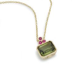 "Dainty and impressive Gold necklace with a square green Spinel pendant and three Ruby stones. You can order this necklace in rose, yellow or white gold. Options are available when checking out. Please contact us for various gemstones you can have You can order a matching ring and earrings Construction & Dimensions: 14K Gold, Green Spinel, Lab Ruby. approximately width 14 mm (0.56\"), height 10 mm (0.4\"). All items are packaged in an eco-friendly gift box with a ribbon ready for gifting. Ou Pink Sapphire Ring Engagement, Matching Ring, Gold Ring Stack, Hammered Gold, White Gold Necklaces, Ruby Stone, Rose Yellow, Matching Rings, Engraved Items