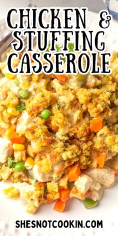 Chicken and stuffing casserole on a white plate. Turkey Dinner Recipes, Stove Top Stuffing Recipes, Chicken And Dressing Casserole, Stove Top Stuffing, Chicken Stuffing Casserole, Chicken And Stuffing, Chicken Stuffing, Cooked Ham, Turkey Casserole