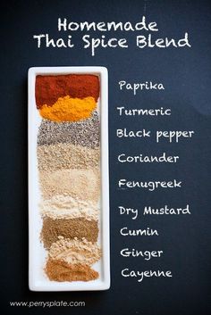 the ingredients for homemade thai spice blend in a white dish on a blackboard with an instagram caption below