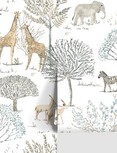 an animal themed wallpaper with giraffes, zebras and other animals