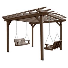 a wooden swing set with two swings and a bench under the pergolated roof