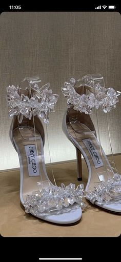 a pair of high heeled shoes with clear heels and crystal flowers on the toes