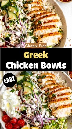 greek chicken bowls with cucumbers, tomatoes and other vegetables are shown in this collage