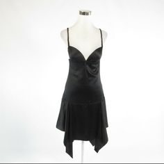 Black Satin Sweetheart Spaghetti Straps Handkerchief Hem Hidden Side Zipper Built-In Cups Twisted Shoulder Straps Brand: Carlos Miele Size: Medium Shoulders: 14" Bust: 28" Waist: 30" Hip: 38" Length: 47" 95% Silk, 5% Elastane Lining Is 100% Polyester 37-770 Black Flirty Slip Dress With Spaghetti Straps, Black Slip Dress With Sweetheart Neckline For Evening, Black Slip Dress With Adjustable Straps For Party, Black Slip Dress With Adjustable Straps For Evening, Black Flirty Sleeveless Slip Dress, Fitted Black Slip Dress With Adjustable Straps, Flirty Black Satin Slip Dress, Black Satin Flirty Slip Dress, Black Cocktail Dress With Adjustable Straps